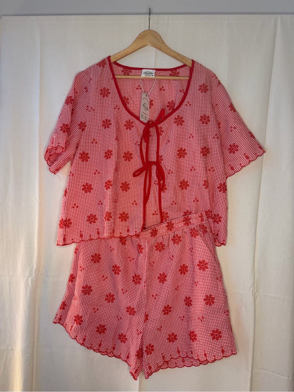 Red Floral Tie-Front Cotton Breezy Set - Women